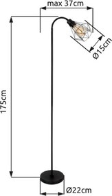 Globo 15351S Állólámpa fém fekete matt, fémhálós fekete matt, lábkapcsoló a kábelben, flexo, HxSzxM: 370x220x1750mm, kábelhossz 1800mm, nem tartozék: 1x E27 40W 230V