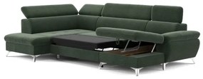 Zöld CATANIA balos U-alakú sarokkanapé tárolóval, ággyá nyitható