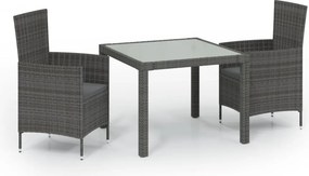 vidaXL 3 részes szürke polyrattan kültéri étkezőszett párnákkal