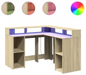 sonoma tölgy színű szerelt fa íróasztal LED-ekkel 130x130x91 cm