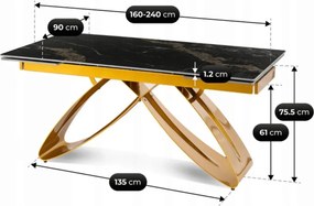 Kihúzható kerámia étkezőasztal 160–240 cm méretben, fekete-arany márvány/arany színben LUIGI