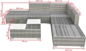 6-részes szürke polyrattan kerti bútorszett párnákkal