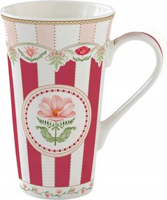 Nagy porcelán bögre 600 ml piros csíkos virág motívum díszdoboz