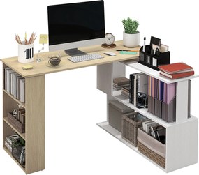 HOMCOM Forgatható Sarokasztal L-Alakú Asztal Polccal, 120x110x74.5 cm, Természetes és Fehér | Aosom
