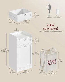 Fürdőszobai szekrény szennyeskosárral, fiókos fürdőszobai szekrény, felhőfehér