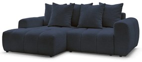 Kék buklé kinyitható-tárolóhelyes sarokkanapé (bal oldali-heverő résszel) Roxelane – Bobochic Paris