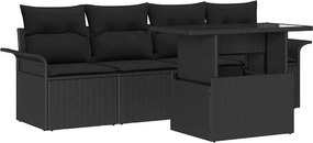 vidaXL Kerti Kanapé Szett párnával tárolóval 5 pcs Fekete Poly Rattan