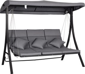 Outsunny 3-Fős Hollywoodi Hintaágy, Állítható Napernyővel, Párnákkal Ellátott Hinta, Maximum 270 kg Teherbírás, Fém, Textil, Szürke, 200 x 115 x 168 c