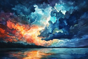 Vászonkép Canvas Tájkép Tó Folyó Víz Ég Vihar Villám 60x40