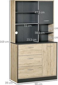 HOMCOM Konyhai Buffet Konyhaszekrény Több tárolóval 2 Ajtóval 3 Fiókkal 3 Polccal + Nagy Pult 90L x 39W x 169H cm Kéttonos Világos Tölgy-Szürke | Aoso