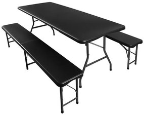 Összecsukható kerti asztal 180cm + 2 pad - fekete