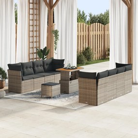 11 részes kerti kanapé készlet párnákkal szürke poli rattan akáciával, 3 részes kerti étkező készlet párnákkal szürke poli rattan akáciával