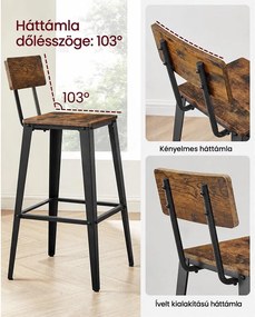 2 db-os bárszék készlet háttámlával és lábtartóval, 74 cm ülésmagasság, 136 kg teherbírás, vintage barna és fekete