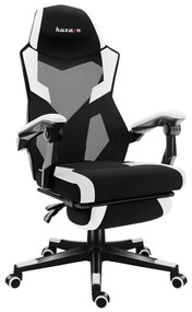 Gamer szék, lábtartó, lélegző anyag, ergonómikus kartámaszok, fekete-fehér