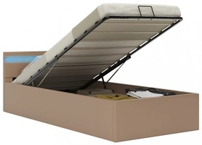 kávészínű műbőr LED-es hidraulikus ágykeret 90 x 200 cm