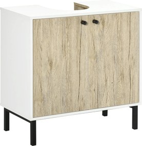 kleankin Fürdőszoba Tárolószekrény Mosdó Alá - Fém Lábakkal, Kétajtós, 60 x 30 x 60 cm - Fehér és Fa Szín | Aosom