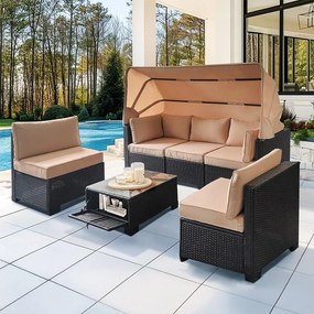 Avenberg GALIA Nagy rattan kerti garnitúra fekete/kék + bézs huzatok