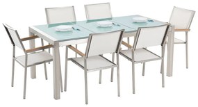 Hatszemélyes étkezőasztal repedezett osztott üveglappal és fehér textilén székekkel GROSSETO Beliani