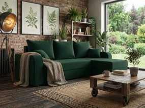 Ágyazható kétoldalas L alakú sarokülőgarnitúra VALERIO 238x140 cm, sötétzöld + 2 párna INGYEN