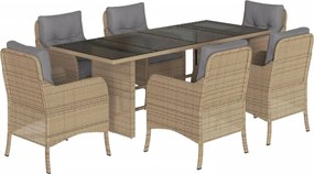 vidaXL 7 részes bézs polyrattan kerti étkezőgarnitúra párnákkal
