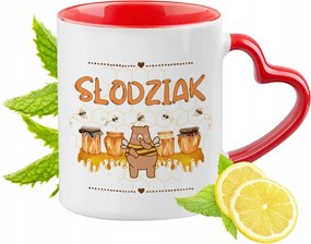 Maci macis bögre piros szív alakú füllel ajándék nyomott mintával