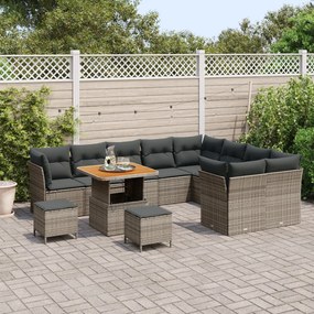 12 darabos kertibútor szett párnákkal szürke poli rattan akáccal, 3 darabos kertidíszítő szett párnákkal szürke poli rattan akáccal
