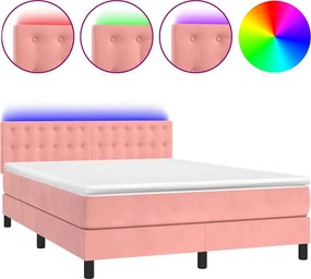 vidaXL rózsaszín bársony rugós és LED-es ágy matraccal 140x190 cm