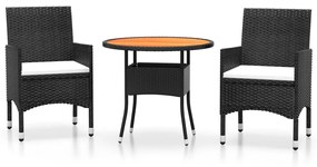 3 részes fekete polyrattan és tömör fa kerti bisztrószett