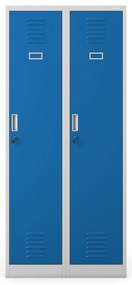 Pléh öltözőszekrény talpazaton, kétmodulos, polccal és köztes fallal KACPER, 800 x 1800 x 500 mm, szürke-kék