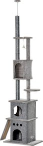 PawHut Macskafa - Mennyezeti Magas Mászófa, Játékkal, Sisal Plüss, Világosszürke, Magasságállítható 60 x 40 x 225-255 cm | Aosom