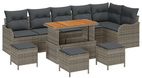 9 darabos Kert Sofa Szett Párnákkal Szürke Poli Rattan Akáciával, 2-Fős Kert Sofa Párnákkal Szürke Poli Rattan, 3 darabos Kert Étkező Szett Párnákkal Szürke Poli Rattan Akáciával