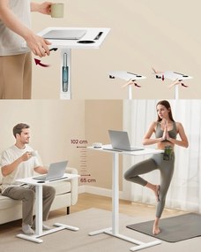 Gurulós ágy melletti asztal, kis állítható magasságú asztal, 70 × 40 cm-es asztallap, fehér