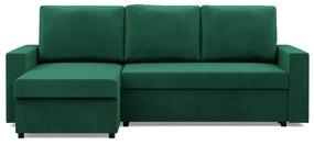 Zeus sarokkanapé, 2 ágyneműtartóval, egyenes kartámasz, bársony, univerzális oldal, hab töltet, zöld