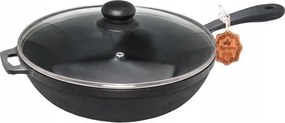 28 cm-es öntöttvas serpenyő öntöttvas fogantyúval és üveg fedővel