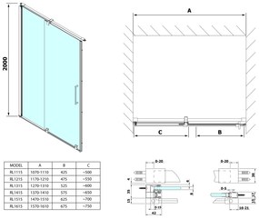 Sapho, ROLLS LINE zuhanyajtó 1200mm, magasság 2000mm, átlátszó üveg