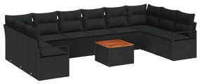 11 Darabos Kerti Kanapé Szett Párnákkal Fekete Poli Rattan Akáccal, 2-Fős Kerti Kanapé Párnákkal Fekete Poli Rattan