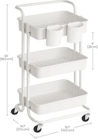 3 szintes kerekeken guruló tároló polc, fogantyúval, fehér színben