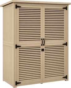 Outsunny Fa Kerti Szekrény 0.83 m² 127x65x168 cm Kültéri Fa Szekrény 2 Zárható Ajtóval, 2 Polccal, 2 Fogantyúval és Vízálló Tetővel a Kertbe Természet