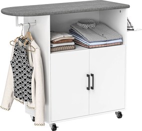 HOMCOM Vasalószekrény Kerekekkel Ruhafakasztóval Nyitott Polccal és Vasalódeszkával 125x43.5x102.5 cm Fehér | Aosom