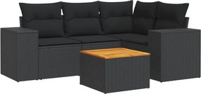 vidaXL 5 részes fekete polyrattan kerti kanapészett párnákkal