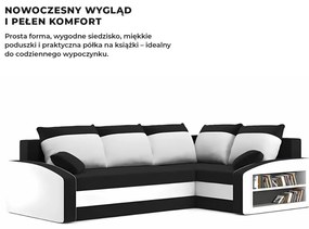 Grande sarokkanapé polcokkal , polc a jobb karfaban, jobboldali, szövet anyag, hab töltet, fekete - fehér