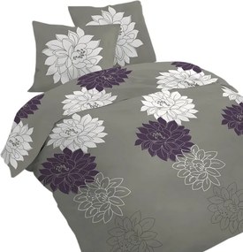 Szürke Ágyneműhuzat Fehér És Lila Virágok Dáliák Pamut Szatén 160x200