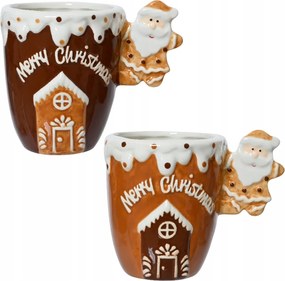 Kerámia karácsonyi bögre barna füllel Mikulás Mézeskalács Házikó 11cm