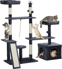 PawHut Macska Kaparófája 134 cm Macska Torony Kaparóoszlopo(ka)t Nappalival, Búvóhely(ek)kel, Platformokkal, Játék Golókkal és Szizálos Oszlopokkal –