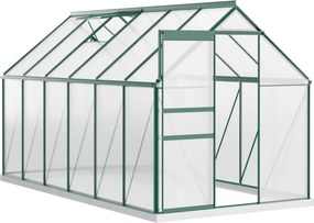 Outsunny Polikarbonát Kerti Üvegház 190x375x199cm, Nyitható Ablakkal és Tolóajtóval, Alumínium Váz, Zöld | Aosom