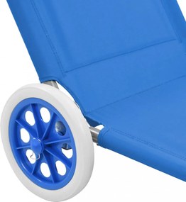 kék acél összecsukható napozóágy napellenzővel és kerékkel