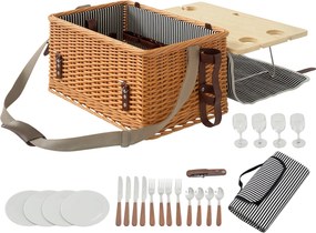 Outsunny Fonott Piknik Kosár 4 Főre Piknik Pokróccal, Evőeszköz Készlettel, Üvegnyitóval és Piknik Asztallal - Világos Barna | Aosom