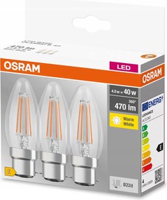 3x Led izzó B35 B22d 4W 40W 470lm 2700K Meleg fehér Filament Osram