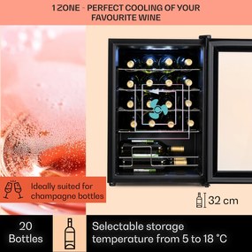 Klarstein Shiraz 20 Uno, borhűtő, 53 liter, 20 palack, 5-18°C, érintőképernyős vezérlőpanel