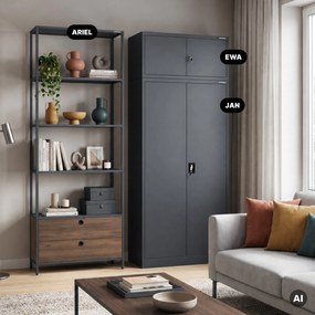 Polc fiókokkal irodába, iratrendezőkhöz és dokumentumokhoz, nyitott polcok, fém, antracit/dió, 800x2200x400 mm: ARIEL Eco Design